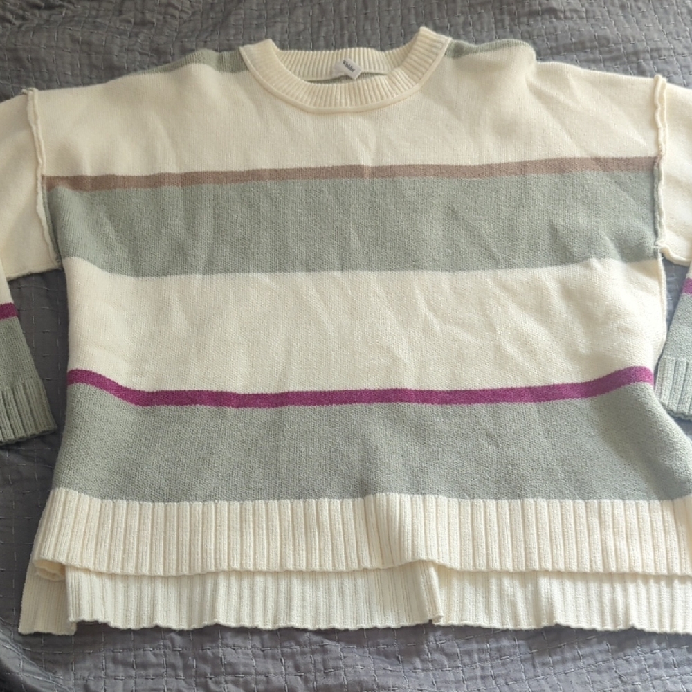Wishlist Cream, Gray, and Purple Striped Sweater
